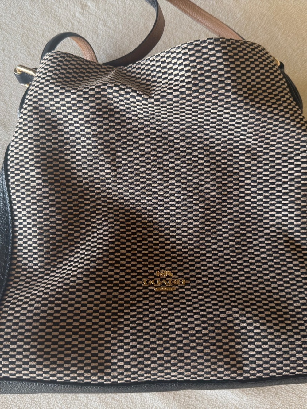 Coach Black & Tan Jacquard Shoulder/Hobo Bag with Leather Trim